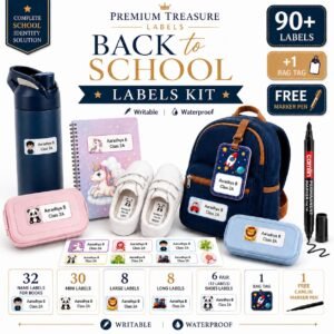 Back to School Labels Kit – 90+ Waterproof Name Stickers for Kids | 5 Label Types + Bag Tag + Free Camlin Marker Pen